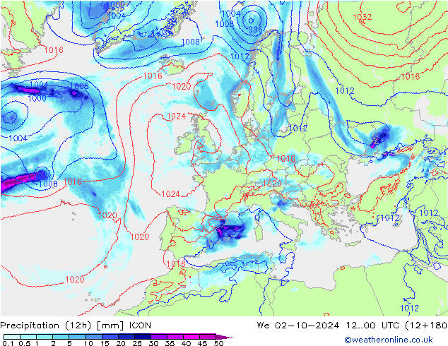 Precipitation (12h) ICON St 02.10.2024 00 UTC