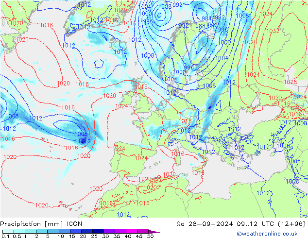 Srážky ICON So 28.09.2024 12 UTC