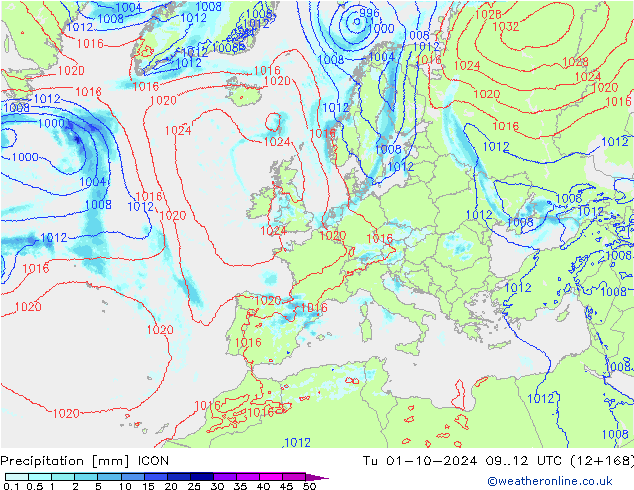 Precipitation ICON Tu 01.10.2024 12 UTC