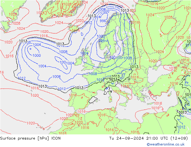 Atmosférický tlak ICON Út 24.09.2024 21 UTC