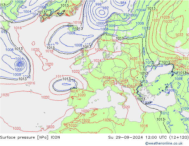 Luchtdruk (Grond) ICON zo 29.09.2024 12 UTC