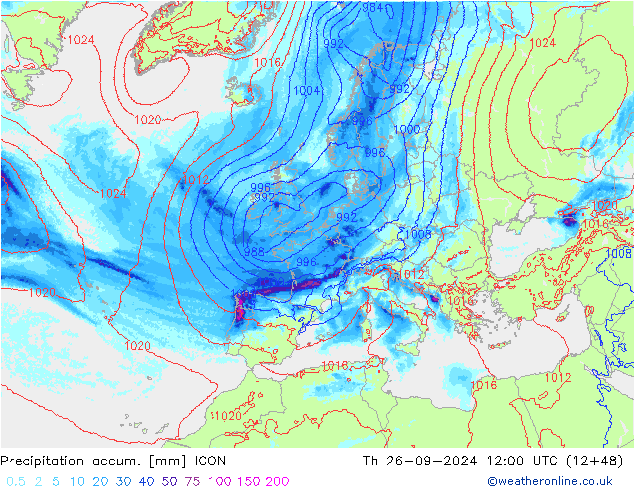 Precipitation accum. ICON gio 26.09.2024 12 UTC