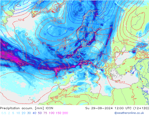 Precipitation accum. ICON Su 29.09.2024 12 UTC