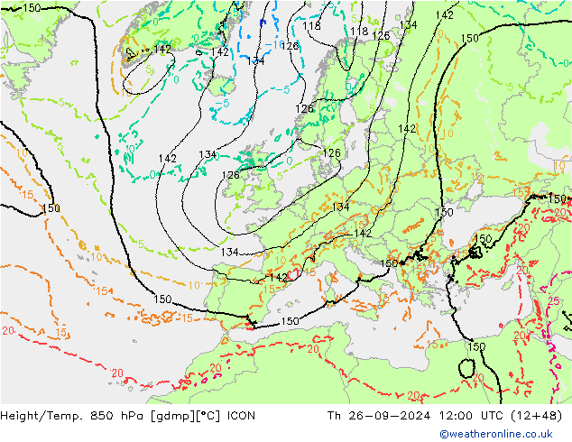 Height/Temp. 850 hPa ICON gio 26.09.2024 12 UTC