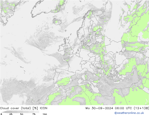 Cloud cover (total) ICON Mo 30.09.2024 06 UTC