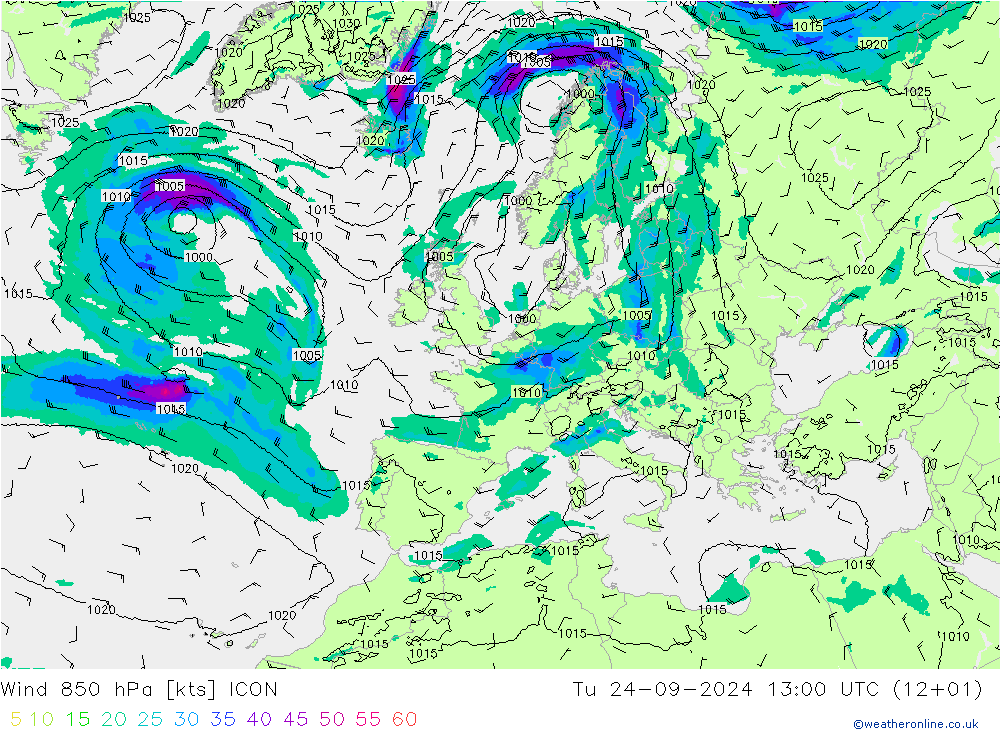 Wind 850 hPa ICON Tu 24.09.2024 13 UTC