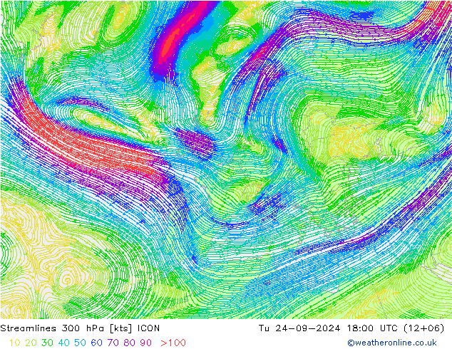 Linia prądu 300 hPa ICON wto. 24.09.2024 18 UTC