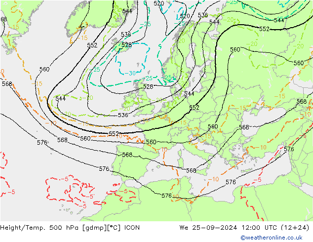 Hoogte/Temp. 500 hPa ICON wo 25.09.2024 12 UTC