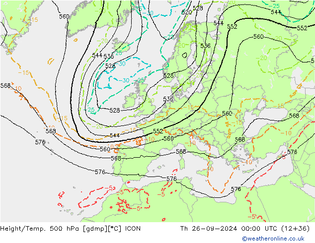 Height/Temp. 500 hPa ICON Qui 26.09.2024 00 UTC