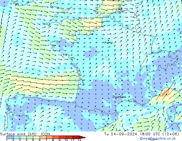 Bodenwind (bft) ICON Di 24.09.2024 18 UTC