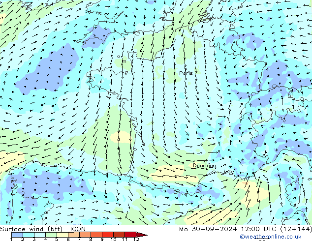 Surface wind (bft) ICON Mo 30.09.2024 12 UTC