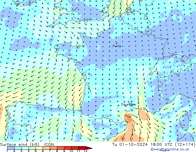 wiatr 10 m (bft) ICON wto. 01.10.2024 18 UTC