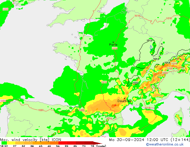 Max. wind velocity ICON lun 30.09.2024 12 UTC