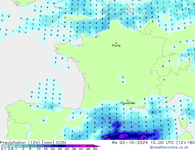 Precipitazione (12h) ICON mer 02.10.2024 00 UTC