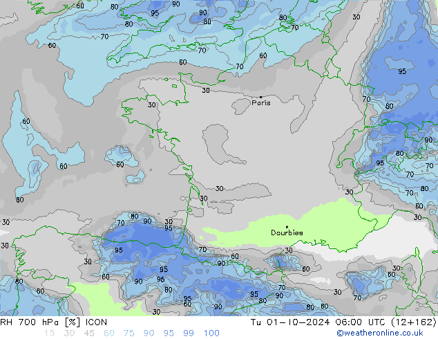 RH 700 hPa ICON Tu 01.10.2024 06 UTC