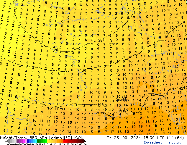 Géop./Temp. 850 hPa ICON jeu 26.09.2024 18 UTC