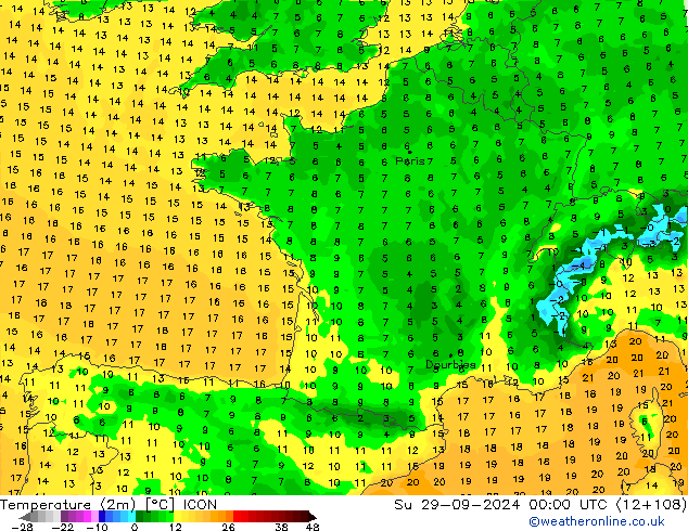 Temperatuurkaart (2m) ICON zo 29.09.2024 00 UTC