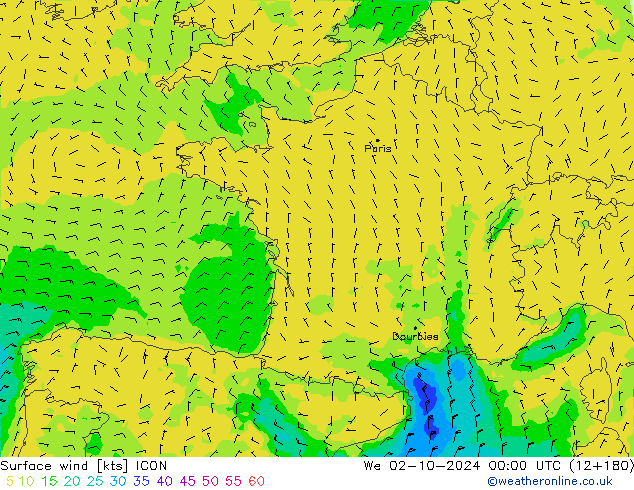 Vento 10 m ICON Qua 02.10.2024 00 UTC