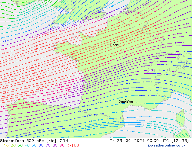 Streamlines 300 hPa ICON Th 26.09.2024 00 UTC