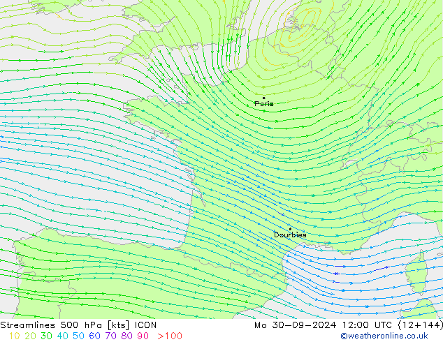 Linia prądu 500 hPa ICON pon. 30.09.2024 12 UTC