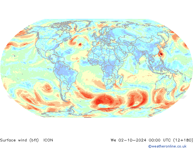 Vento 10 m (bft) ICON mer 02.10.2024 00 UTC