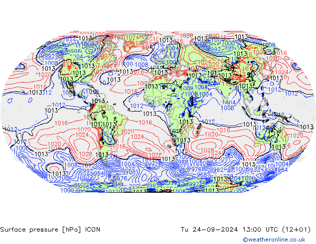 Surface pressure ICON Tu 24.09.2024 13 UTC