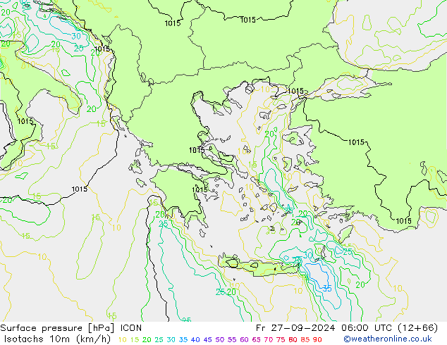 Eşrüzgar Hızları (km/sa) ICON Cu 27.09.2024 06 UTC