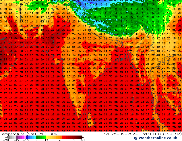 Temperaturkarte (2m) ICON Sa 28.09.2024 18 UTC