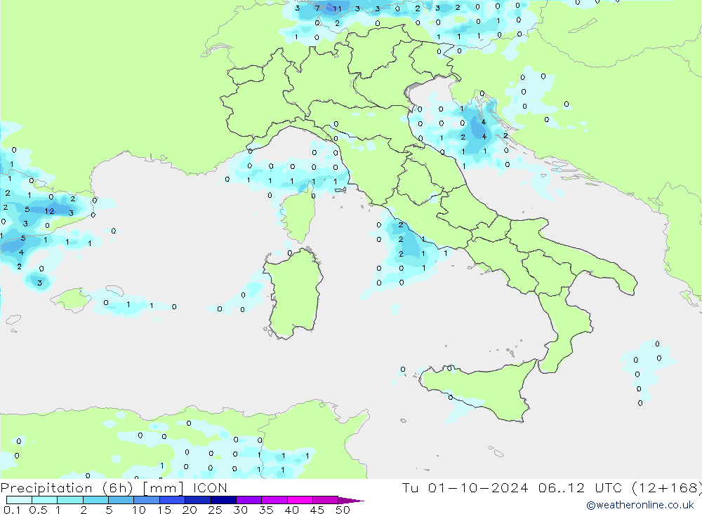 Precipitation (6h) ICON Tu 01.10.2024 12 UTC