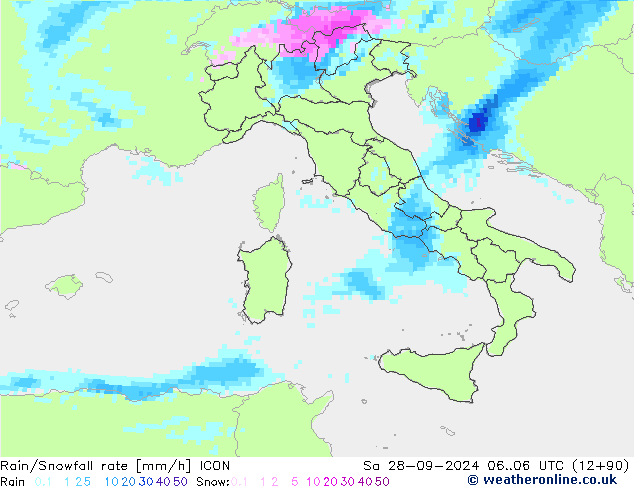 Rain/Snowfall rate ICON sab 28.09.2024 06 UTC