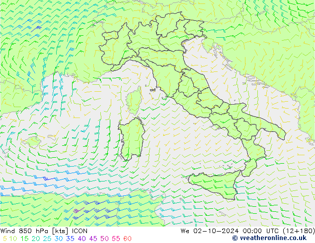 Vento 850 hPa ICON Qua 02.10.2024 00 UTC