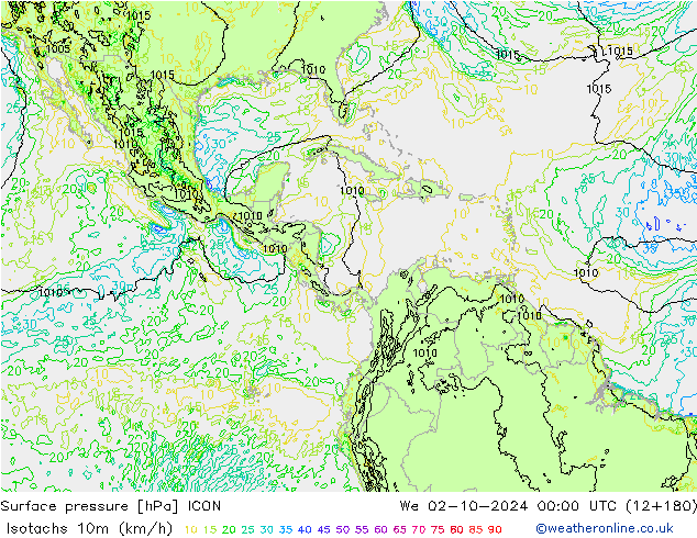 Isotachs (kph) ICON We 02.10.2024 00 UTC