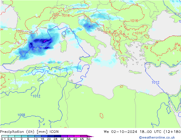 Precipitazione (6h) ICON mer 02.10.2024 00 UTC