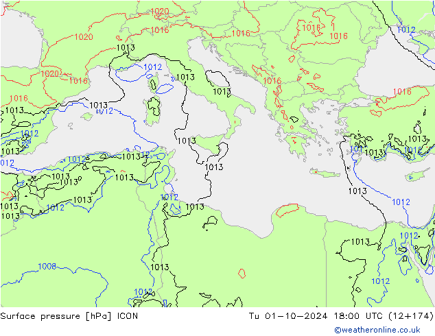 Atmosférický tlak ICON Út 01.10.2024 18 UTC