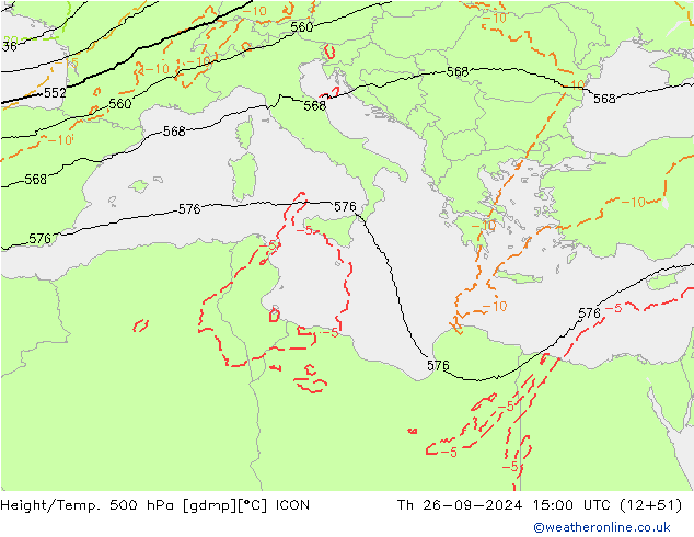 Height/Temp. 500 hPa ICON czw. 26.09.2024 15 UTC