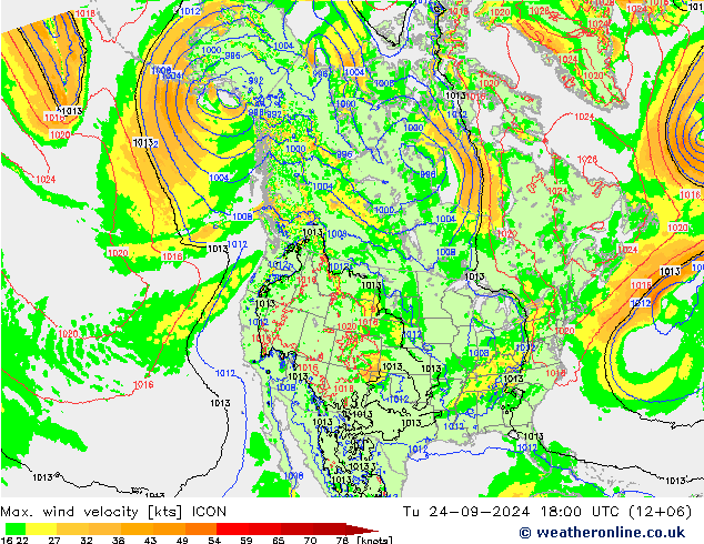 Max. wind snelheid ICON di 24.09.2024 18 UTC