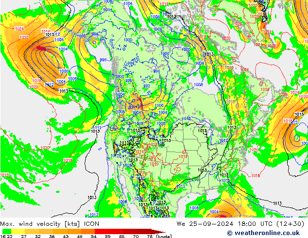 Max. wind velocity ICON śro. 25.09.2024 18 UTC