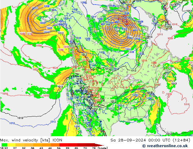 Max. wind velocity ICON Sáb 28.09.2024 00 UTC