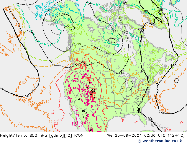 Height/Temp. 850 hPa ICON We 25.09.2024 00 UTC