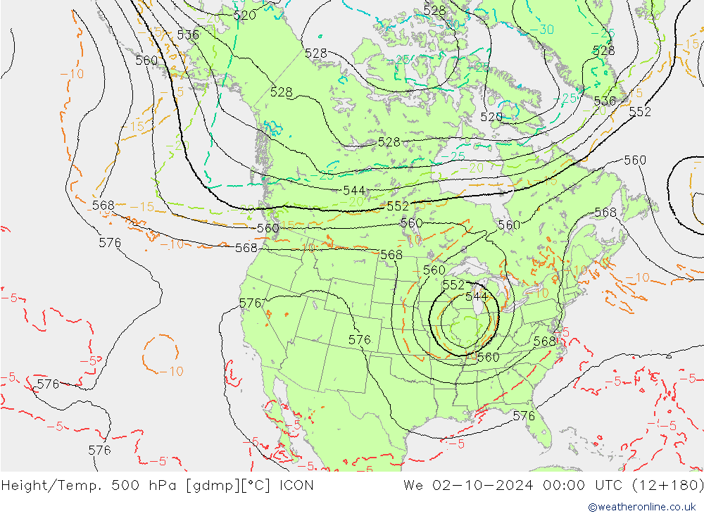 Hoogte/Temp. 500 hPa ICON wo 02.10.2024 00 UTC