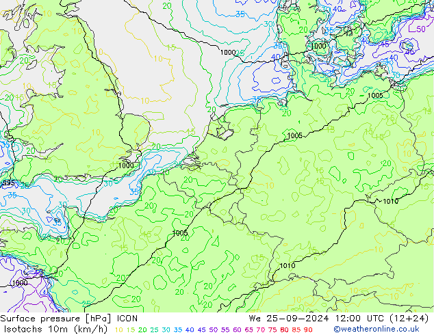 Isotachen (km/h) ICON Mi 25.09.2024 12 UTC