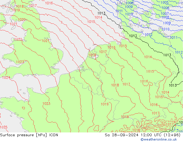 Presión superficial ICON sáb 28.09.2024 12 UTC