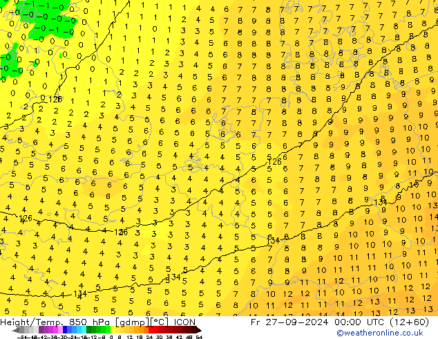 Height/Temp. 850 hPa ICON Fr 27.09.2024 00 UTC