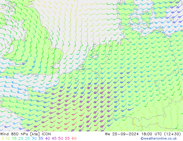 Wind 850 hPa ICON We 25.09.2024 18 UTC