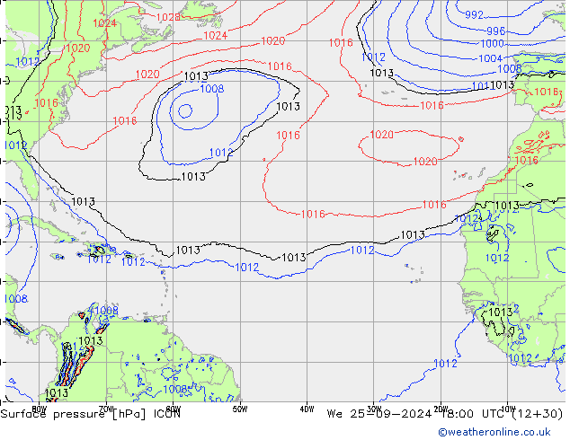 Atmosférický tlak ICON St 25.09.2024 18 UTC