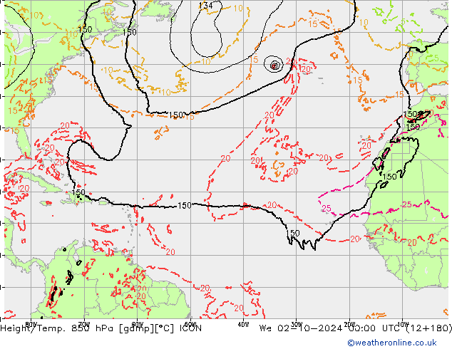 Height/Temp. 850 hPa ICON mer 02.10.2024 00 UTC