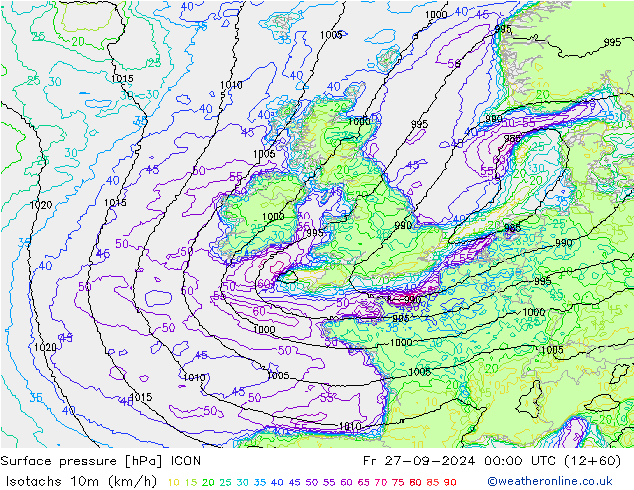 Isotachs (kph) ICON  27.09.2024 00 UTC