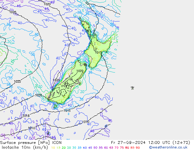 Isotachs (kph) ICON Pá 27.09.2024 12 UTC