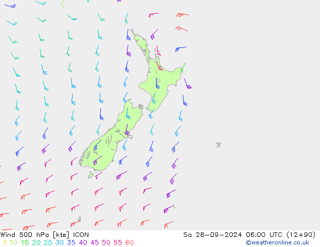 Vento 500 hPa ICON sab 28.09.2024 06 UTC