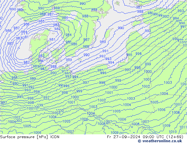 Pressione al suolo ICON ven 27.09.2024 09 UTC